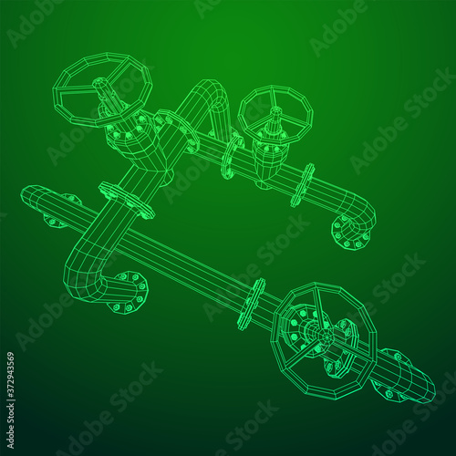 Oil pipeline with valve business concept. Finance economy polygonal petrol production. Petroleum fuel industry transportation line. Wireframe low poly mesh vector illustration.