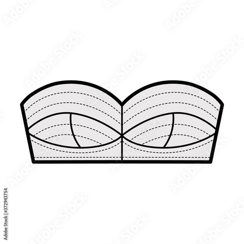 Bustier tube top technical fashion illustration with sweetheart neckline, cups and a cutaway front. Flat bra swimwear lingerie apparel template front grey color. Women men unisex underwear CAD. 