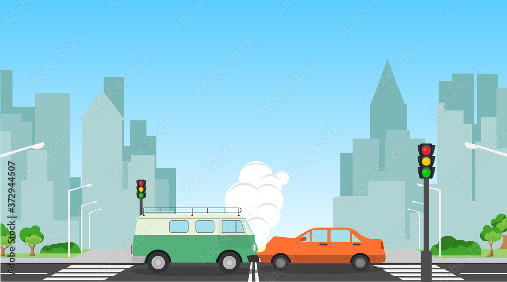 Accident, traffic accident. Accident of two cars against the background of the cityscape. Vector, cartoon illustration.