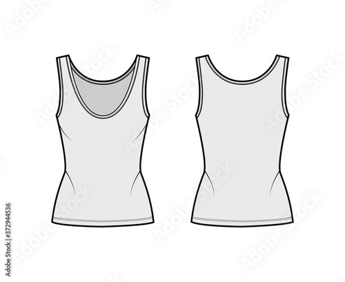 Cotton-jersey tank technical fashion illustration with fitted body, deep scoop neck, elongated hem. Flat outwear apparel template front, back, grey color. Women, men unisex shirt top CAD mockup 
