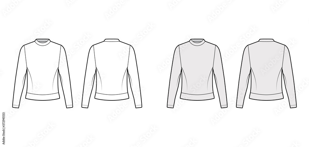 Cotton-terry sweatshirt technical fashion illustration with crew neckline, long sleeves, oversized. Flat jumper apparel outwear template front, back white, grey color. Women, men unisex top CAD mockup Cotton-terry sweatshirt technical fashion illustration with crew neckline, long sleeves, oversized. Flat jumper apparel outwear template front, back white, grey color. Women, men unisex top CAD mockup