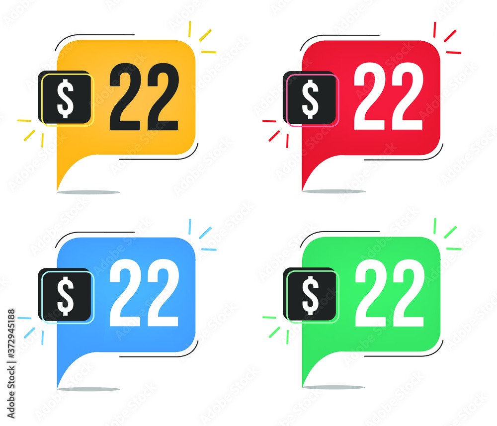 22 dollar price. Yellow, red, blue and green currency tags with balloon concept. 22 dollar price. Yellow, red, blue and green currency tags with balloon concept.