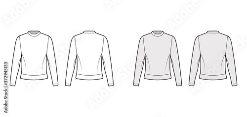 Cotton-terry sweatshirt technical fashion illustration with crew neckline, long sleeves, oversized. Flat jumper apparel outwear template front, back white, grey color. Women, men unisex top CAD mockup