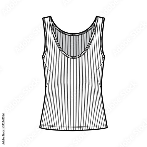 Ribbed open-knit tank technical fashion illustration with oversized body, deep scoop neck, elongated hem. Flat outwear top apparel template front, white color. Women, men unisex shirt CAD mockup