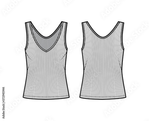 Ribbed open-knit tank technical fashion illustration with oversized body, deep V-neckline, elongated hem. Flat outwear top apparel template front, back, white color. Women, men unisex shirt CAD mockup