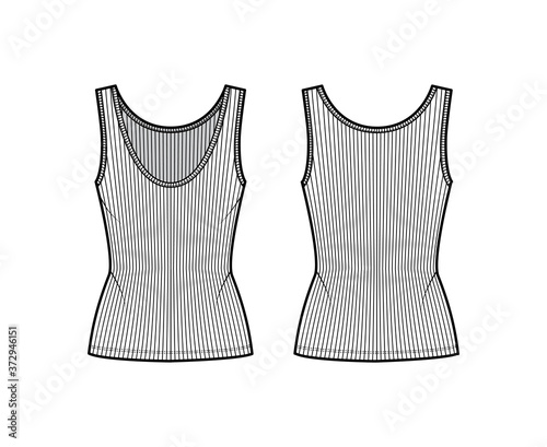 Ribbed open-knit tank technical fashion illustration with fitted body, deep scoop neck, elongated hem. Flat outwear top apparel template front, back, white color. Women, men unisex shirt CAD mockup