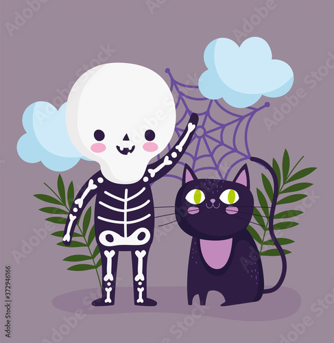 happy halloween  skeleton costume and cat trick or treat party celebration