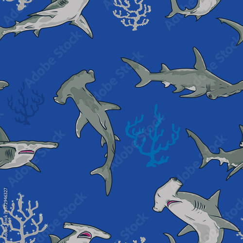 Hammerhead Sharks seamless pattern Background