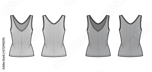 Ribbed open-knit tank technical fashion illustration with fitted body, deep V-neckline, elongated hem. Flat outwear top apparel template front, back, white grey color. Women, men unisex shirt mockup