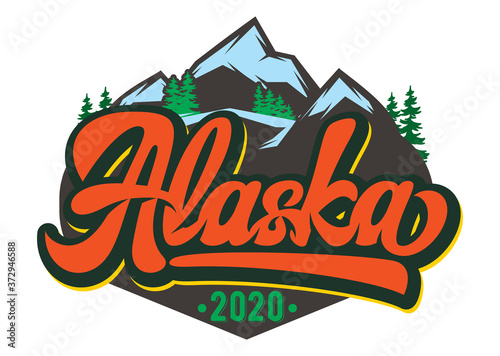 Vector template for badge with mountains and inscription - Alaska. Color illustration