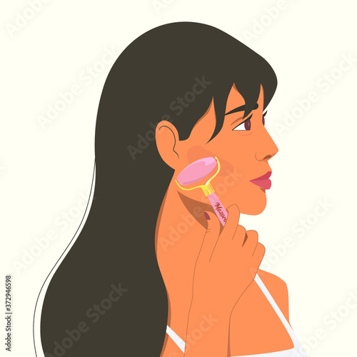 Female face and jade roller flat color vector illustration. Face massage. Asian woman using face beauty tool. Natural pink anti-aging quartz skin roller isolated cartoon character on white background