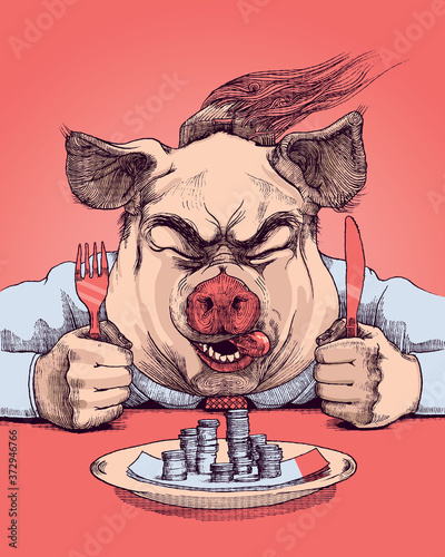 Quadro em tela The greedy person (official) feeds on the people's money