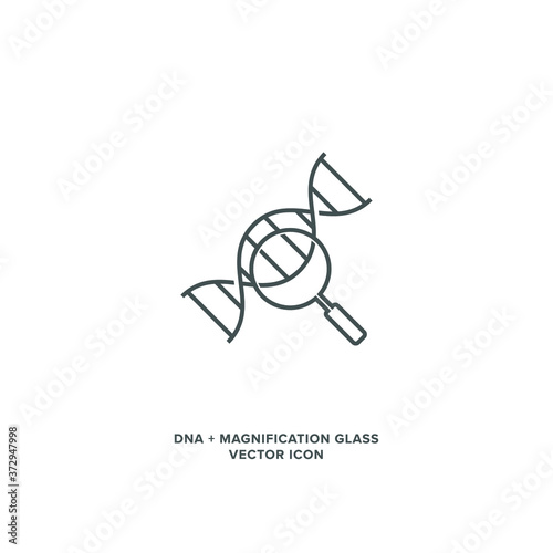 DNA and Magnification Glass Vector Icon. Genome Sequencing, Comparative and Functional Genomics, Biotechnology, DNA Detective, Testing, Forensics and Analysis Concept.