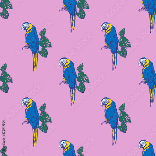 Parrot bird with tropical leaves seamless pattern print summer vector illustration