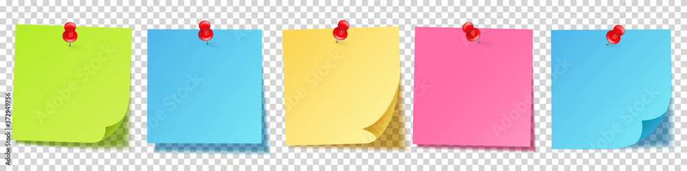Realistic blank sticky notes isolated on white background. Colorful sheets of note papers with push pin. Paper reminder. Vector illustration.