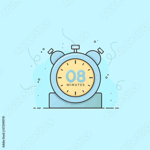 8 minutes alarm clock, timer, stopwatch vector time symbol. 8 minutes vector icon flat illustration.