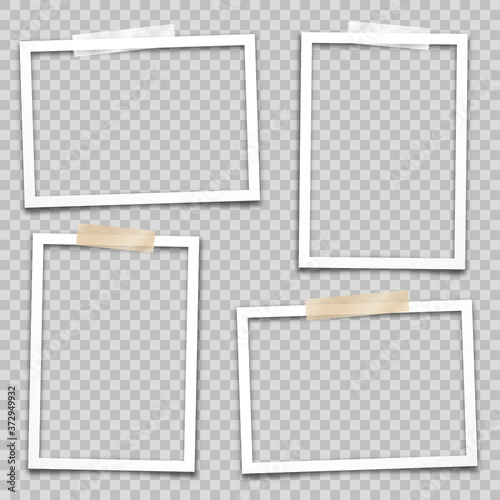 Realistic empty photo card frame, film set. Retro vintage photograph. Digital snapshot image. Template or mockup for design. Vector illustration.