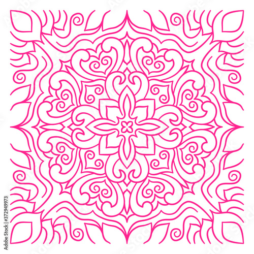Ornament of pink silhouette flowers, twisted leaves in a square.