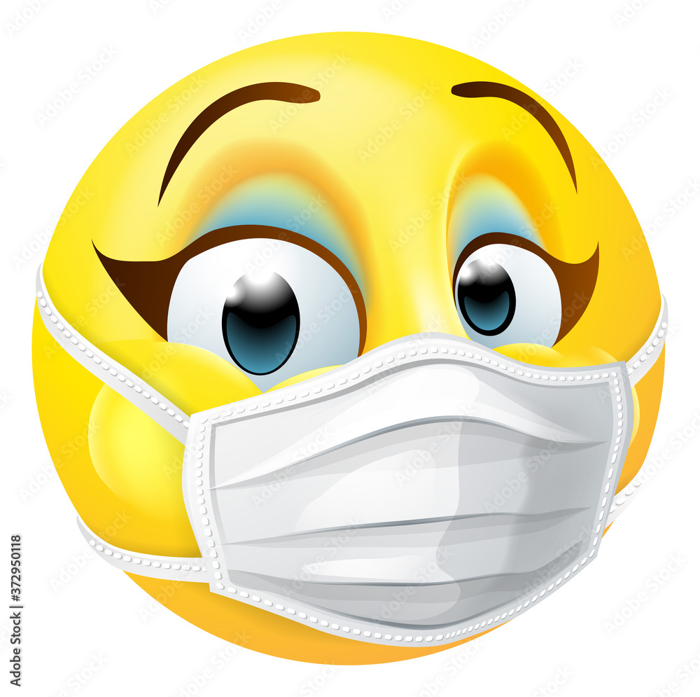 Te voet Bont genezen A female woman emoji or emoticon face wearing PPE medical mask Stock Vector  | Adobe Stock