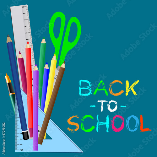 Back to school concept.Vector illustration of school accessories,school supplies on blue background and text.graphic elements for poster or website banner.
