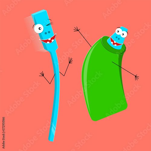 vector illustration on the theme of brushing teeth and oral hygiene funny toothbrush and a tube of toothpaste with wide smiles
