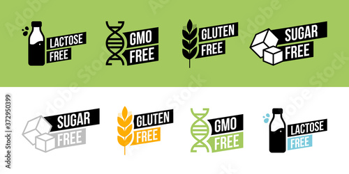 Lactose free, Sugar free, Gluten free, GMO free vector labels for food emblems designs, can be used as stamps, seals, badges, for packaging etc.