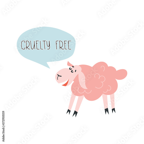 Cute smiling sheep and hand drawn lettering text Cruelty free in speech cloud. Vector illustration.