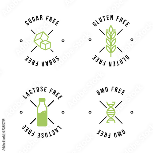 Lactose free, Sugar free, Gluten free, GMO free vector labels for food emblems designs, can be used as stamps, seals, badges, for packaging etc.