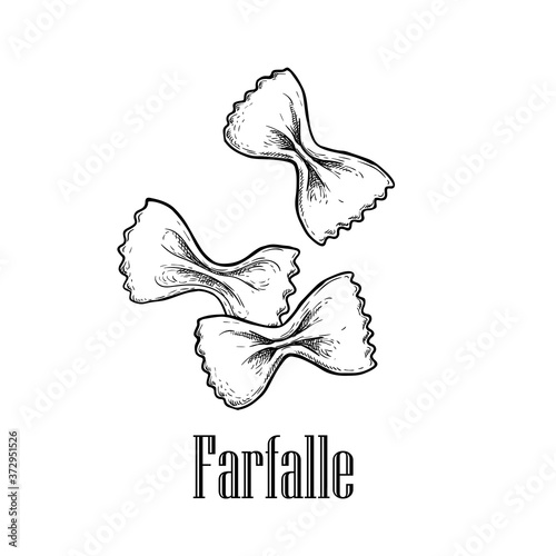 Italian pasta farfalle. Hand drawn sketch style illustration of traditional italian food. Best for menu designs and packaging. Vector drawing isolated on white.