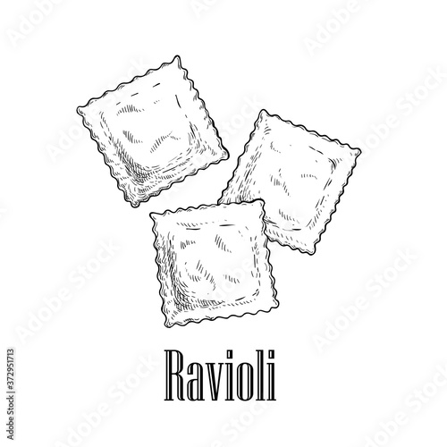 Italian pasta ravioli with meat or cheese inside. Hand drawn sketch style illustration of traditional italian food. Best for menu designs and packaging. Vector drawing isolated on white background.