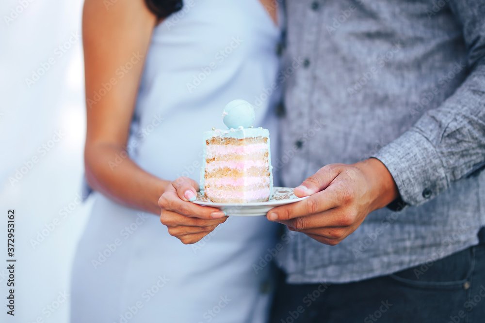 Young couple are hugging and holding a plate with a piece of cake Young couple are hugging and holding a plate with a piece of cake