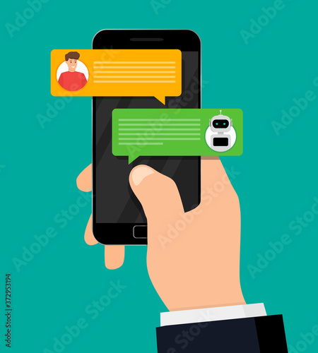 Chatting with bot. Hand holding smartphone with human conversation with robot. Vector illustration. Flat design.