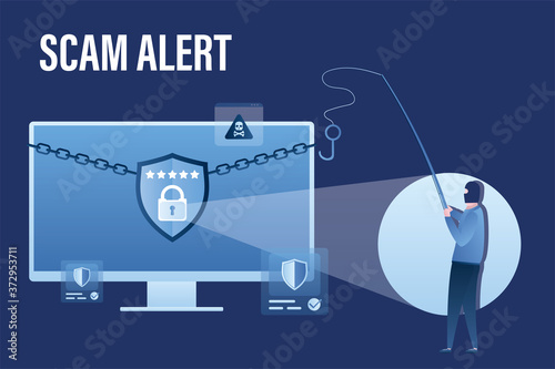 Data protection, computer with effective antivirus. Spamming, virus detection. Hacker attack, scam alert. Network piracy danger.