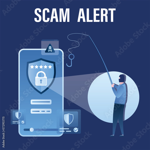 Data protection, mobile with effective antivirus. Spamming, virus detection. Hacker attack, scam alert. Network piracy danger