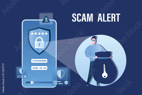 Data protection, mobile with effective antivirus. Spamming, virus detection. Hacker attack, scam alert. Hacker steals passwords and keys