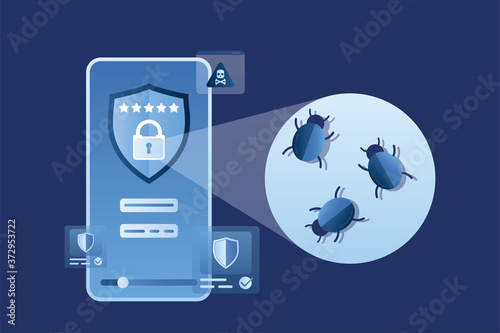 Data protection concept. Modern smartphone with effective antivirus. Spamming, virus detection. Hacker attack, bugs and scam alert.