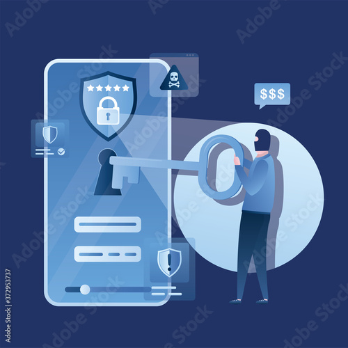 Data protection, mobile with effective antivirus. Spamming, virus detection. Hacker holds big key and unlock smartphone. Scam alert,