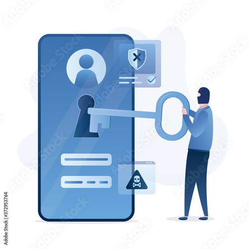 Hacker hold big key. Anonymous unlocks phone protection. Spamming, hacker attack, scam alert. Network piracy danger.