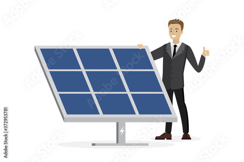 Businessman standing near solar panel. Alternative energy. Happy salesman advertises new eco techology.