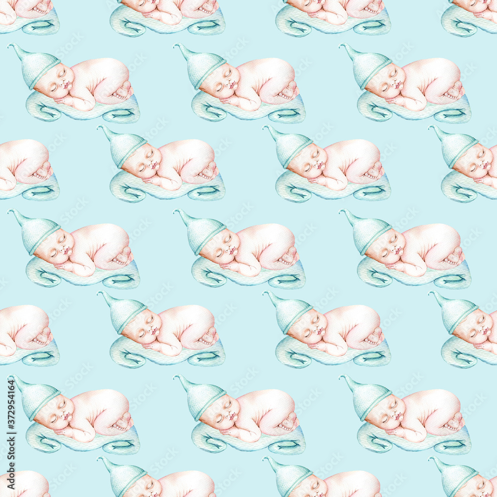 Fototapeta premium Watercolor seamless pattern with baby boy