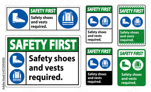 Safety Shoes And Vest Required With PPE Symbols on white background