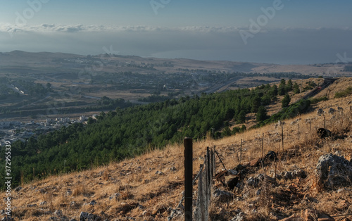 Early morning view of Hula Valley, Golon Heights with Mt. Hermon and the southern end of the Sea of Galilee as seen from Mitzpe Hayamin hotel, located in Upper Galilee, Israel.