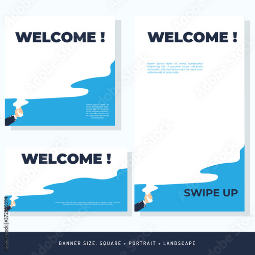 Welcome ! blue color with speech cloud with a announcement.
Banner for digital and printout vector AI, eps10