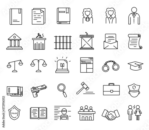 courts and laws outline icon set on white background. 