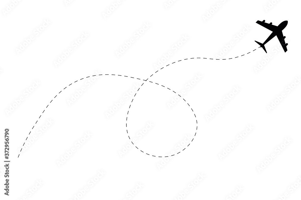 Plane and its track. Black silhouette isolated on white background. Airplane route in dotted line shape. Plane and its track. Black silhouette isolated on white background. Airplane route in dotted line shape.