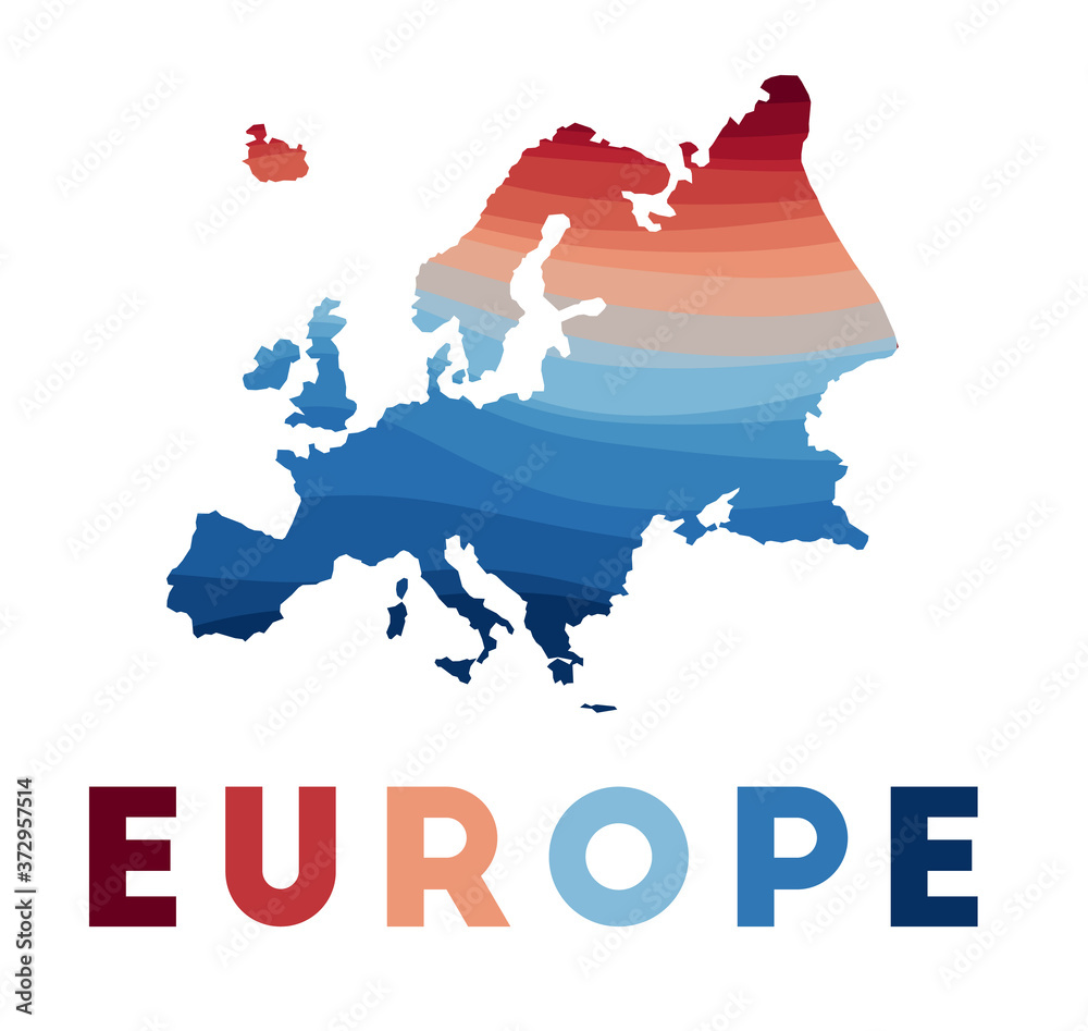 Obraz premium Europe map. Map of the continent with beautiful geometric waves in red and blue colors. Vivid Europe shape. Vector illustration.