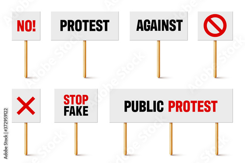 Protest signs with slogan on wooden holder. Realistic vector demonstration banner. Strike action cardboard placard mockup.