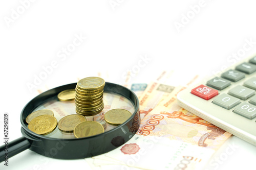 Russian money and calculator, concept of taxes and utility payments