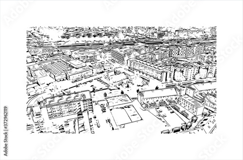 Building view with landmark of Apeldoorn is a municipality and city in the province of Gelderland in the centre of the Netherlands. Hand drawn sketch illustration in vector.