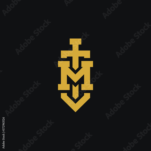 Letter M logo with sword. creative minimal monogram symbol. Universal elegant vector sign design. Premium business logotype. Graphic alphabet symbol for corporate business identity
